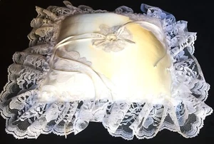 Elegant Ringbearer White Satin Wedding Pillow - 11.5" sq. - 2" Chiffon Ruffle - Picture 1 of 4