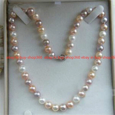 7-10mm Genuine Natural White Pink Purple Cultured Pearl Beads Necklace - Image 1 of 4