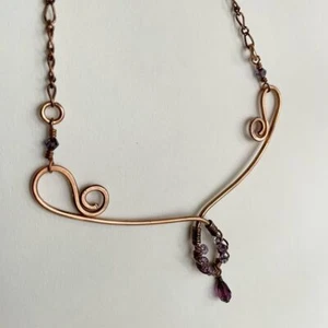 Handmade Copper Scroll Necklace Beaded Swarovski Crystals - Picture 1 of 13