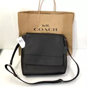 Coach Men’s Messenger Flap Crossbody Black Leather Shoulder Strap Canvas - Picture 1 of 15