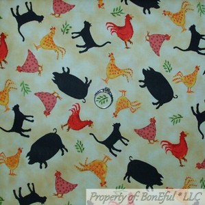 BonEful Fabric FQ Cotton Quilt Tan Farm Animal African Folk Art Chicken Pig Cat