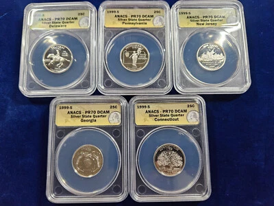 🌟 1999-S SILVER Proof State Quarter 5-Coin Set ANACS PR70 DCAM w/ Delaware RARE - Image 1 of 4