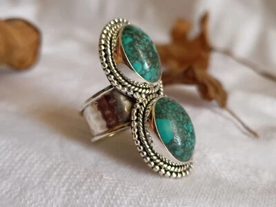 Anillo grande turquesa tibetana, anillo de plata de ley 925, anillo turquesa tibetana Foto 1 de 4