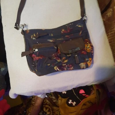 Cartera Rosetti Gris Con Flores Colores Otoño Con Borde Marrón Muchos Bolsillos Foto 1 de 4