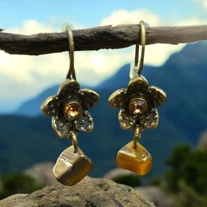 Tiger’s Eye & Amber  Rhinestone Dangle Drop Flower Earrings - Picture 1 of 2