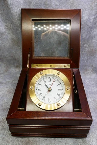 Linden Brass Desk Mantle Clock in Wood Box Tilts Open - Works Cover