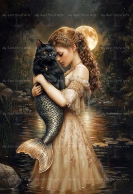 LADY AND MERMAID CAT ART PRINT, Gothic Cat Poster, Witchy Animal Wall Decor F149 - Image 1 of 3