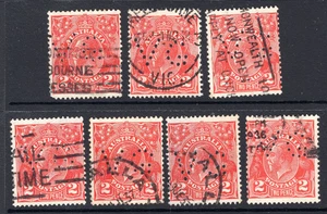 Australia KGV 2d Red VG Perfins x 7 - Picture 1 of 1
