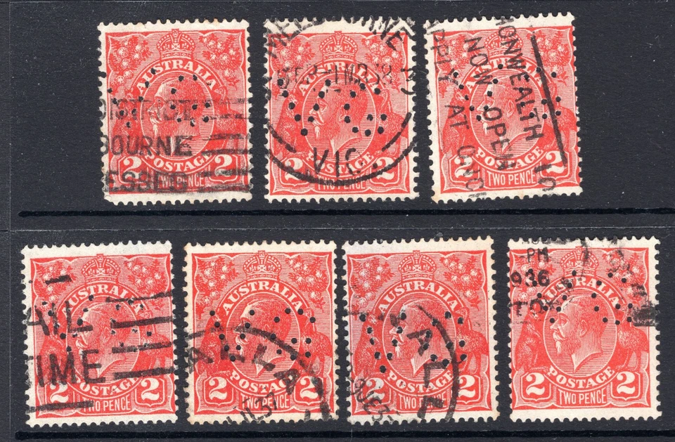 Australia KGV 2d Red VG Perfins x 7 - Image 1 of 1