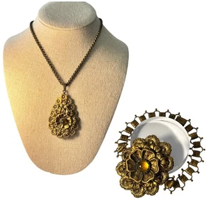Victorian Necklace & Bracelet Set Gold Tone Floral Art Nouveau Victorian - Picture 1 of 16