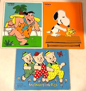 vintage 3 x PLAYSKOOL + wood WOODEN PUZZLES Flintstone Snoopy Three Pigs - Picture 1 of 4