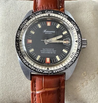 vintage BERCONA SPORT auto with date 24 hrs setting bezel rotate both way work. — 第 1/4 张图片