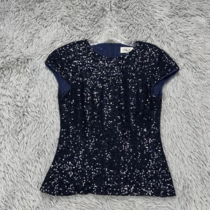 Eliza J Sequin Blouse Top Women's 4 Blue Cap Sleeve Party Holiday Sparkle Glam - Picture 1 of 9