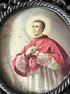 🔴 SANTINO con cornice a merletto bronzo e nastro di velluto rosso vintage 1930 - Imagen 1 de 6