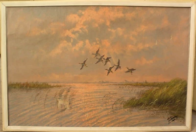 Large vintage signed impressionist painting ducks in flight over a marsh - Image 1 of 4
