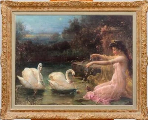 Antiguo arte maestro hecho a mano pintura al óleo antigua retrato niña cisne sobre lienzo - Imagen 1 de 2