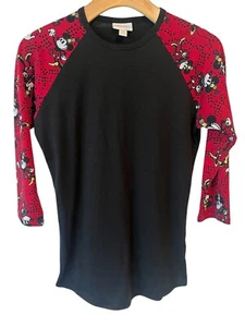 Lularoe Shirt Womens XXS Mickey Mouse 3/4 Sleeve T Shirt Tee Black Red Crew Neck - Picture 1 of 8