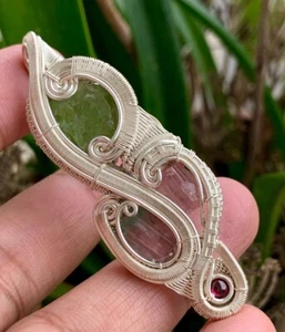 wire wrapped Pendant watermelon Tourmaline Garnet Peridot Pendant Jewelry Pendan - Picture 1 of 6