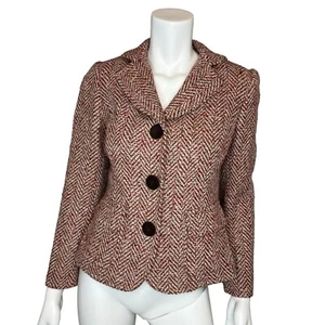 HAROLDS Women’s Size 2 Herringbone Tweed Blazer Burgundy Ivory Fully Lined Wool - Picture 1 of 11