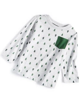 Baby Boys Long Sleeve Shirt – Gray Christmas Tree Print with Green Pocket 12M - Picture 1 of 3