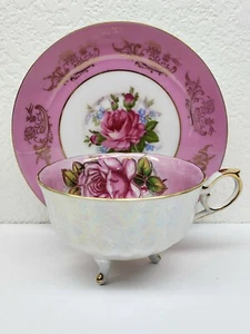 ROYAL HALSEY TEETASSE UNTERTASSE ROSEN HOT PINK GLANZGESCHIRR 3 FUSS TEETASSE IRISIEREND - Bild 1 von 10