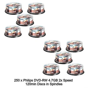 250 x Philips DVD+RW 4.7GB 120Min Rewritable 4x Speed 25s Blank Disc Spindle Tub - Picture 1 of 9