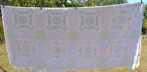 Vintage Hand embroidered  Quilt Hand Stitched 92x94" Cottons STACKER - Picture 1 of 16