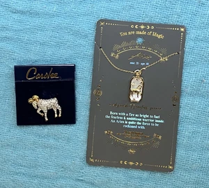 ARIES THE RAM Set = STRASS Pin / 14k Gold Dipped CZ & Perlmutt Halskette - Bild 1 von 14