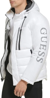 GUESS Puffer Jacket Men XL Logo Sleeve Hooded Insulated Shiny White Coat, NWT - Image 1 of 4