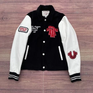 True Religion Stadium Black/White Varsity Jacket Faux Leather Corduroy Mens Sz S - Picture 1 of 11