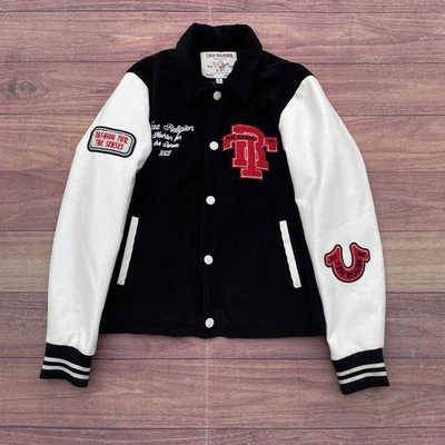 True Religion Stadium Black/White Varsity Jacket Faux Leather Corduroy Mens Sz S - Image 1 of 4
