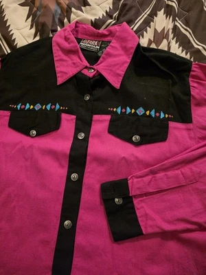 Antigo Ozark Mountain Jean Co Feminino Rodeio Ocidental Botão para Cima Rosa Asteca Pequeno - Imagem 1 de 4