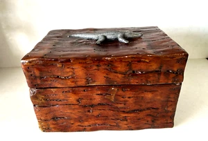 Vintage Wood Box with Pewter Alligator on Lid - Picture 1 of 15