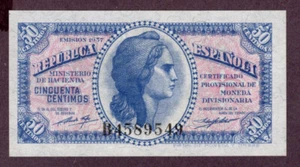 SPANIEN 50 CENTIMOS Banknote 1937 Zustand I UNC FDS S/N B4589549 P. 93 - Bild 1 von 2