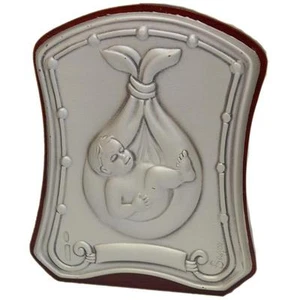 Quadretto bimbo fagottino in argento satinato e legno cm 8x6,5 - Foto 1 di 1