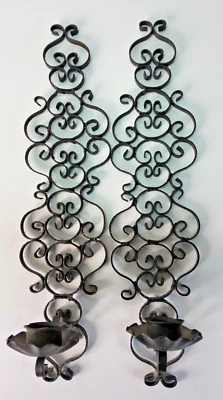 VTG SPANISH REVIVAL STYLE Black Wrought Iron Scroll Gothic Candle Sconce Pair - Image 1 of 4