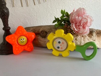1024⚜️ Ancien Jouet Hochets Fleur et Étoile de Bain Orange Fisher Price Vintage - Photo 1/4