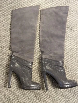 SERGIO ROSSI Gray Reptile Leather/Suede Knee Height Heel Boots Size 37.5 IT - Image 1 of 4