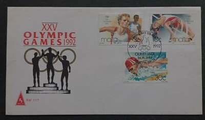 Malta Barcelona 1992 Juegos Olímpicos FDC corbatas 3 estampillas cd La Valeta Foto 1 de 3