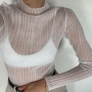 Women High Neck Sheer Mesh Long Sleeve Top Turtleneck T-shirt Sexy See Through - Picture 1 of 13