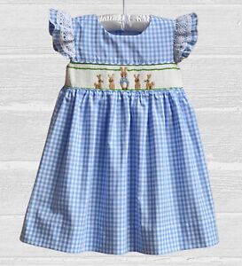 Smocked A Lot Girls Easter Dress Peter Rabbit bunny blue gingham classic lace