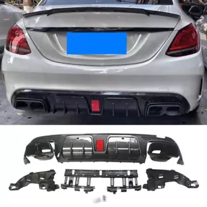 CARBON LOOK BUMPER DIFFUSER+BLACK EXHAUST TIPS FOR 15-2021 BENZ W205 C63 C43 4D - Picture 1 of 9