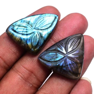 2 Pcs Natural Labradorite Pendant Size Hand Carving Flashy Loose Gemstones Lot - Image 1 of 4