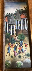 Original Felix Jean Haitian Village Scene Acrylic On Masonite Painting 31" X 12" - Picture 1 of 18
