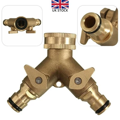 Garden Tap Splitter 2 Way Brass Outdoor Dual Hose Connector Splitter Double UK - Image 1 of 4