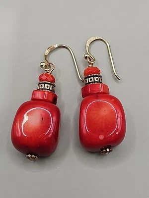 Vtg Barse 925 Sterling Silver Red Howlite Dangle Hook Earrings Chunky Gold Tone - Image 1 of 4