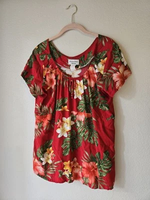 Camisa floral hawaiana vintage roja y verde para mujer, puntada única. XL Foto 1 de 4