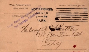 Postcard Arkansas AR Hot Springs Orignal 1918 Draft Card Hill Wheatley Class 4 - Picture 1 of 2