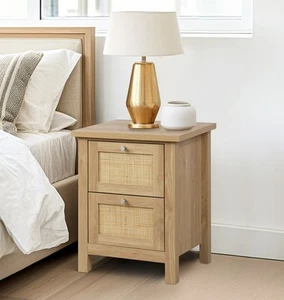Bedside Table, Oak Effect Wooden Side Table, 2-Drawer Lamp Table in Rattan Front - Picture 1 of 8