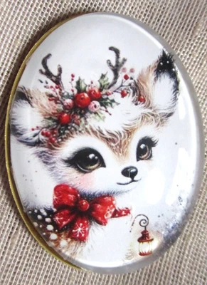 XL СТЕКЛО КАРТИНА КНОПКА ОЧАРОВАТЕЛЬНЫЙ ЖЕНСКИЙ РОЖДЕСТВЕНСКИЙ СЕВЕРНЫЙ ОЛЕНЬ #2 НОСИТЬ КРАСНЫЙ БАНТ - Изображение 1 из 3